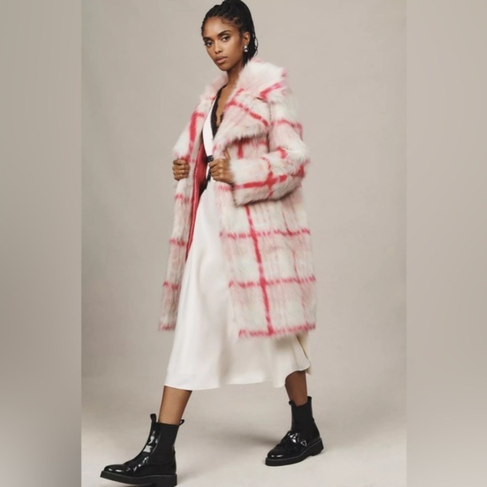 NVLT Pink Plaid Faux Fur Coat Anthropologie XS NWT